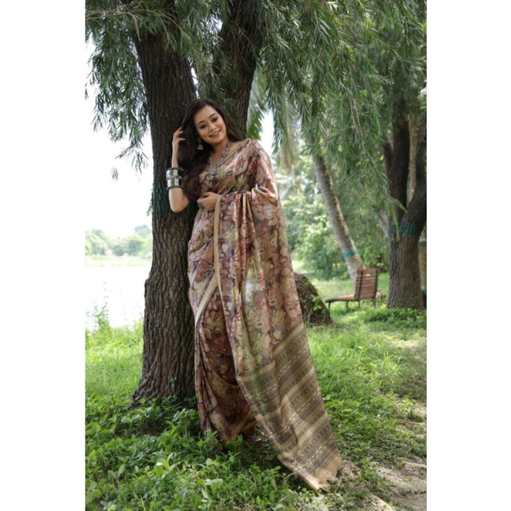 Women's Faux_Tussar_Silk Abstract_Print Saree With Unstitched Blouse 5.5Mtr (Brown)