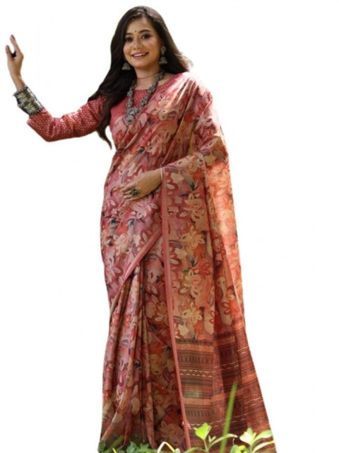 Generic Women's Faux_Tussar_Silk Abstract_Print Saree With Unstitched Blouse 5.5Mtr (Peach)
