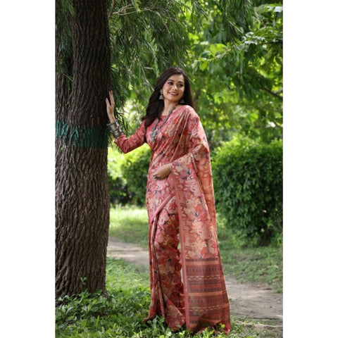 Women's Faux_Tussar_Silk Abstract_Print Saree With Unstitched Blouse 5.5Mtr (Peach)