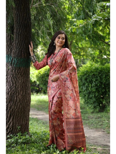 Women's Faux_Tussar_Silk Abstract_Print Saree With Unstitched Blouse 5.5Mtr (Peach)