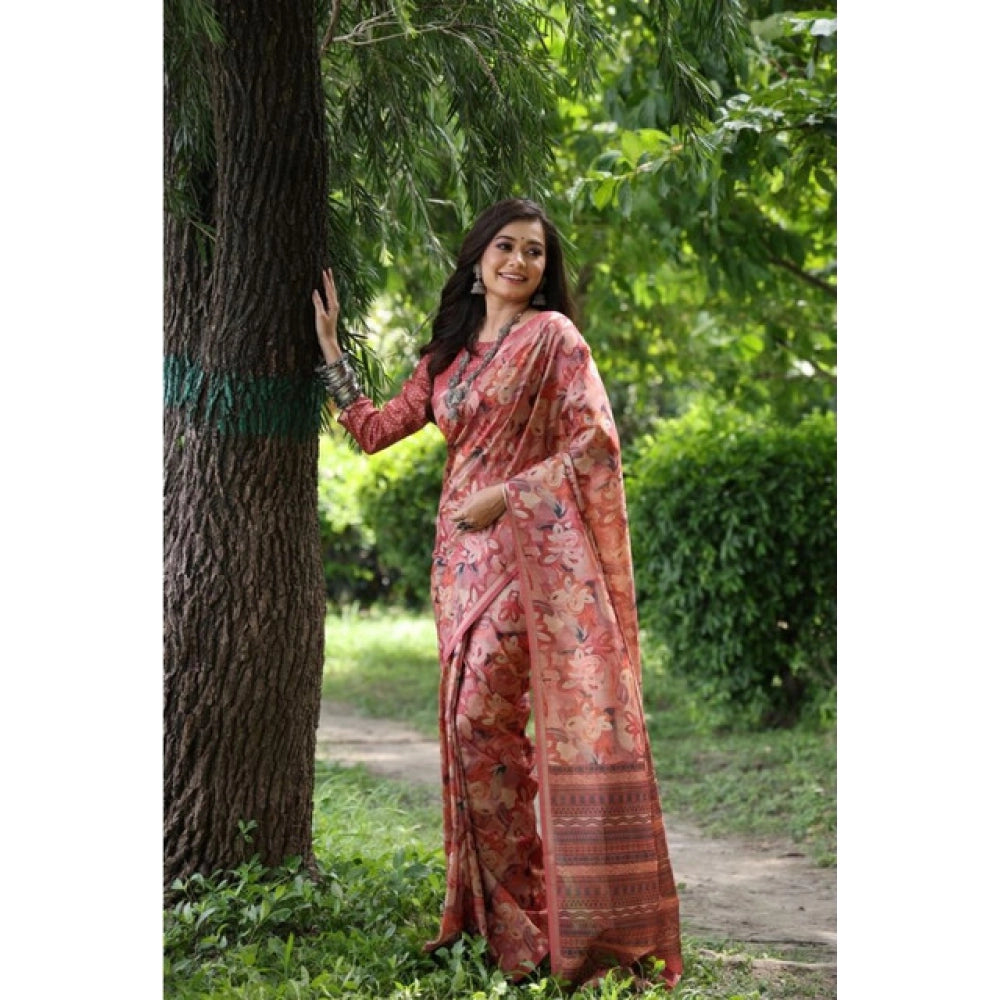 Women's Faux_Tussar_Silk Abstract_Print Saree With Unstitched Blouse 5.5Mtr (Peach)