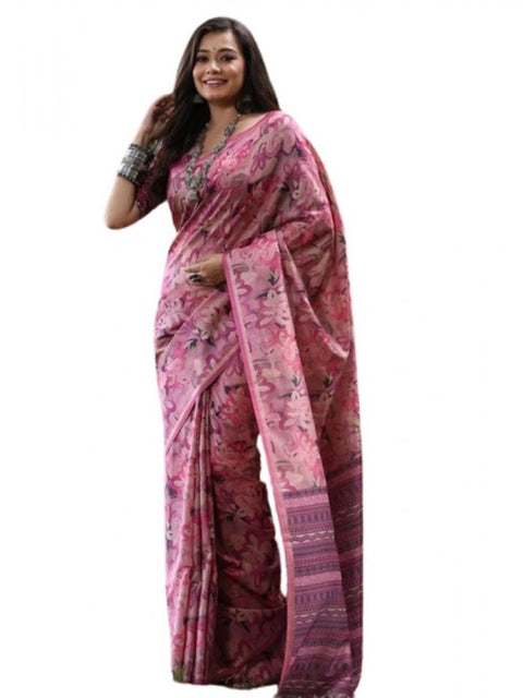 Women's Faux_Tussar_Silk Abstract_Print Saree With Unstitched Blouse 5.5Mtr (Pink)