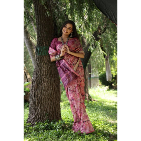 Women's Faux_Tussar_Silk Abstract_Print Saree With Unstitched Blouse 5.5Mtr (Pink)