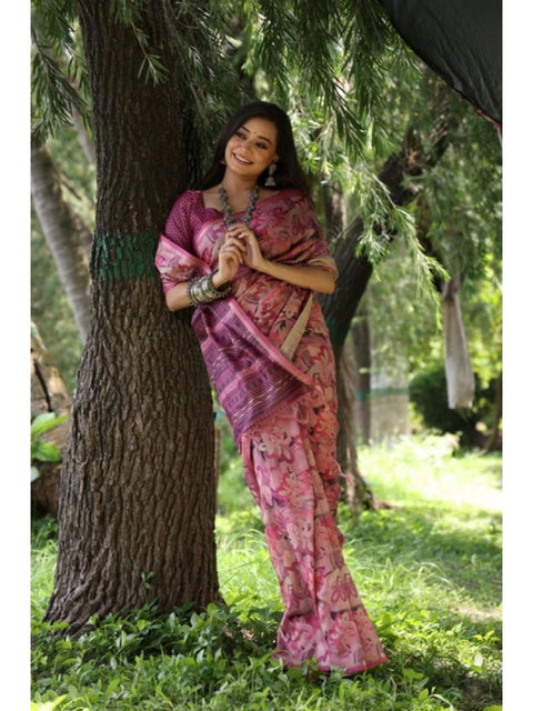 Women's Faux_Tussar_Silk Abstract_Print Saree With Unstitched Blouse 5.5Mtr (Pink)