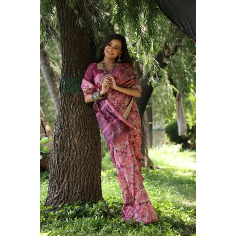 Women's Faux_Tussar_Silk Abstract_Print Saree With Unstitched Blouse 5.5Mtr (Pink)
