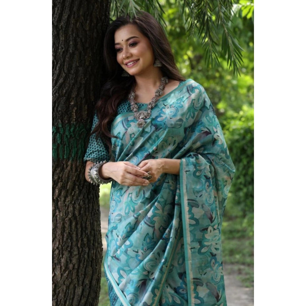 Women's Faux_Tussar_Silk Abstract_Print Saree With Unstitched Blouse 5.5Mtr (Sea_Green)