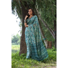 Women's Faux_Tussar_Silk Abstract_Print Saree With Unstitched Blouse 5.5Mtr (Sea_Green)