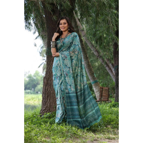 Women's Faux_Tussar_Silk Abstract_Print Saree With Unstitched Blouse 5.5Mtr (Sea_Green)