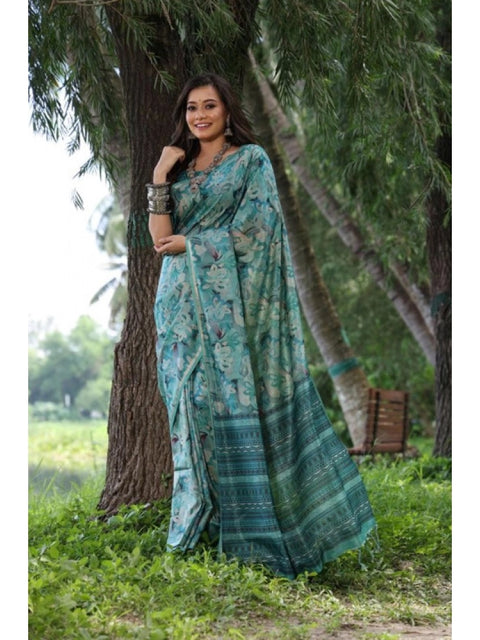 Women's Faux_Tussar_Silk Abstract_Print Saree With Unstitched Blouse 5.5Mtr (Sea_Green)