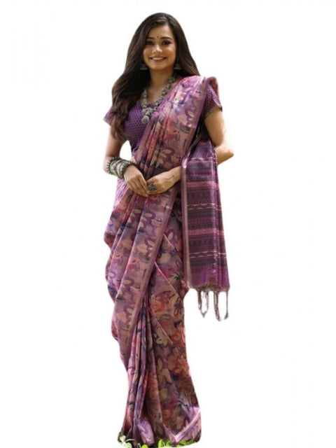 Generic Women's Faux_Tussar_Silk Abstract_Print Saree With Unstitched Blouse 5.5Mtr (Purple)