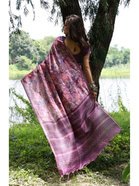 Women's Faux_Tussar_Silk Abstract_Print Saree With Unstitched Blouse 5.5Mtr (Purple)