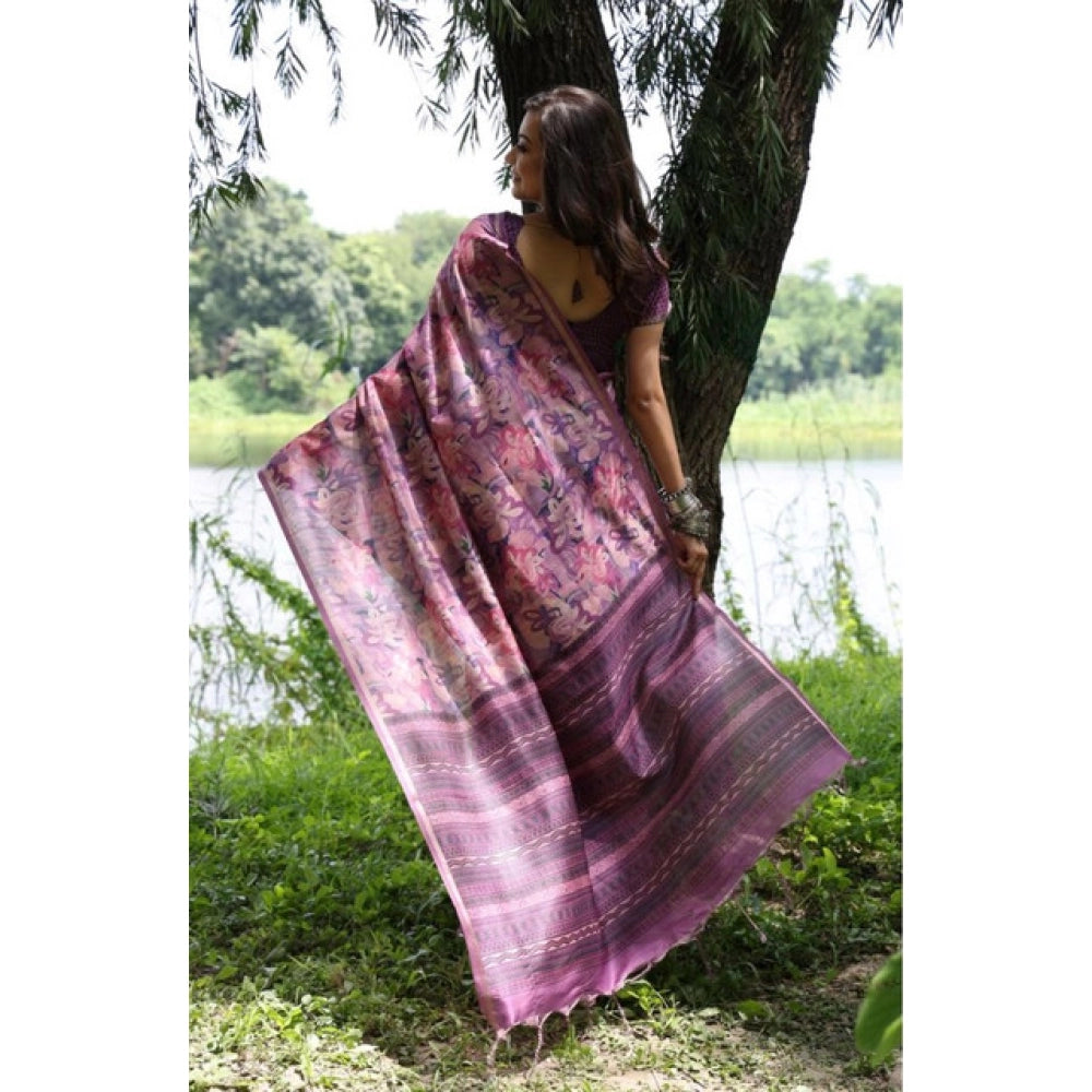 Women's Faux_Tussar_Silk Abstract_Print Saree With Unstitched Blouse 5.5Mtr (Purple)