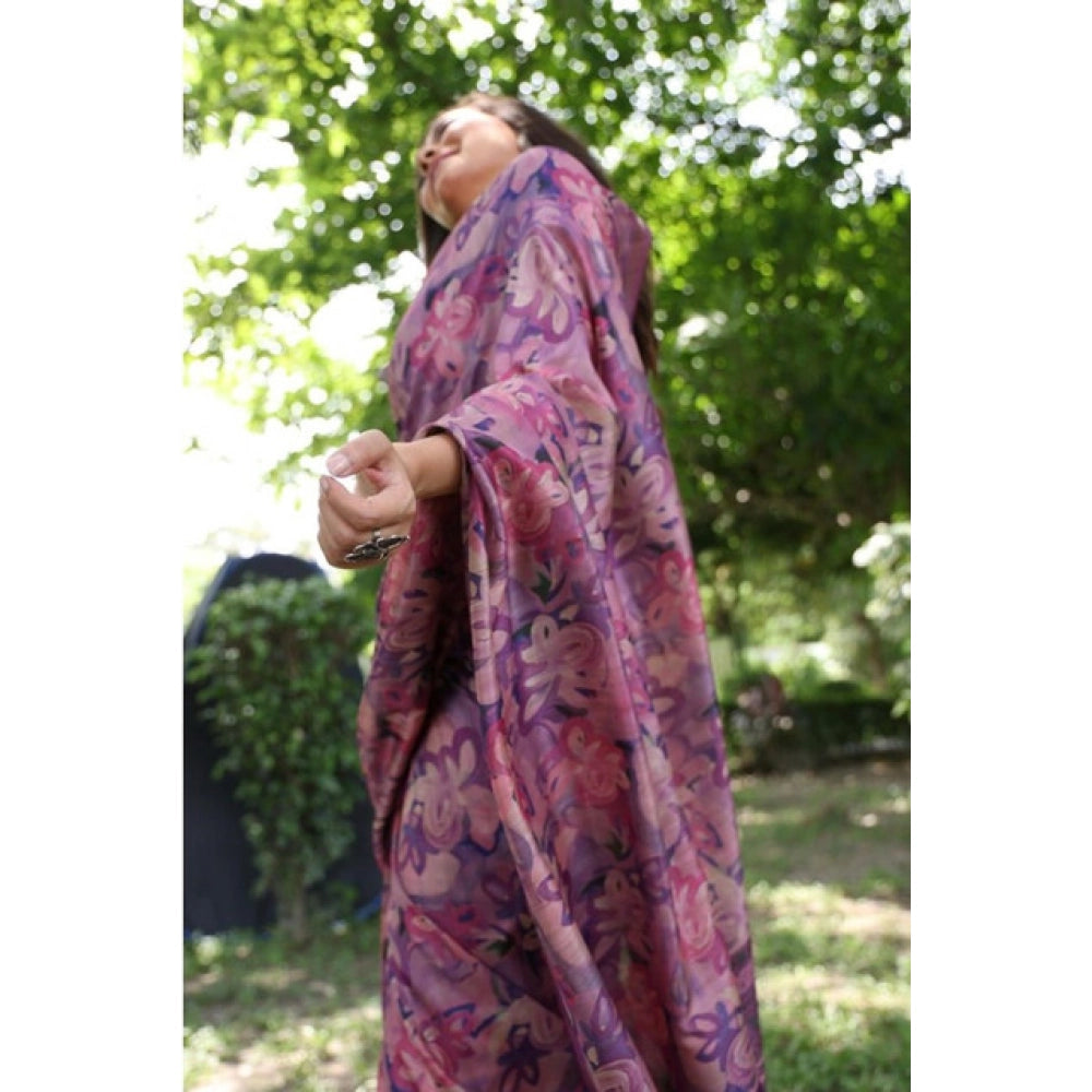 Women's Faux_Tussar_Silk Abstract_Print Saree With Unstitched Blouse 5.5Mtr (Purple)