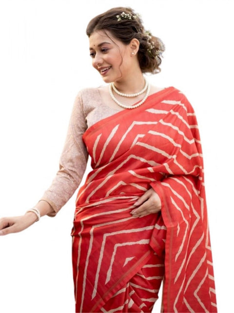 Generic Women's Faux_Tussar_Silk Geometric_Print Saree With Unstitched Blouse 5.5Mtr (Red)