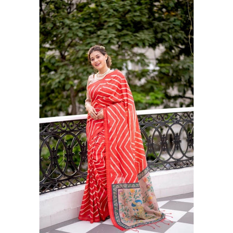 Women's Faux_Tussar_Silk Geometric_Print Saree With Unstitched Blouse 5.5Mtr (Red)