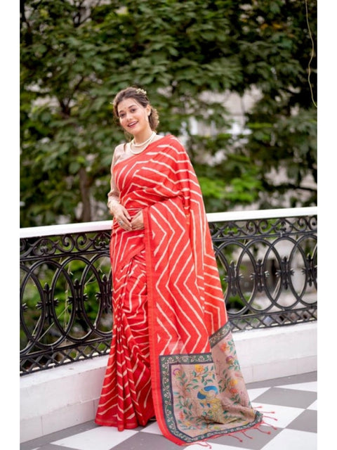 Women's Faux_Tussar_Silk Geometric_Print Saree With Unstitched Blouse 5.5Mtr (Red)