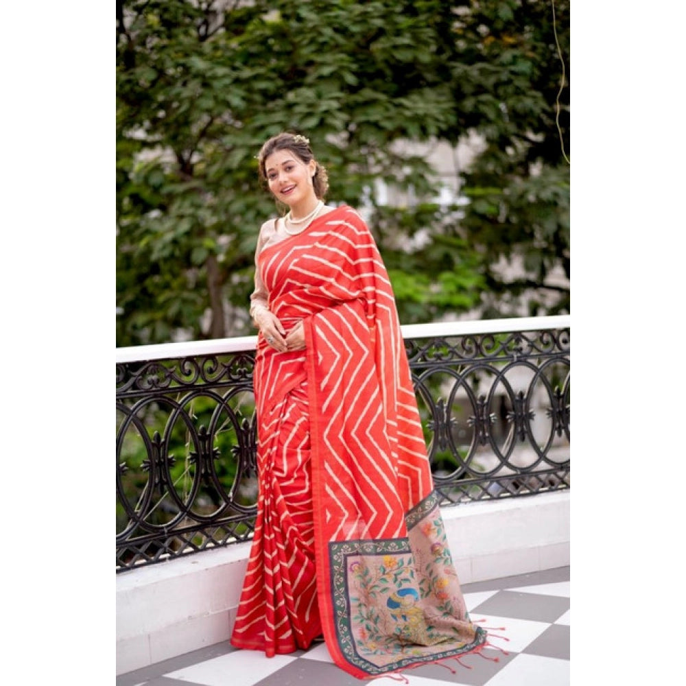 Women's Faux_Tussar_Silk Geometric_Print Saree With Unstitched Blouse 5.5Mtr (Red)