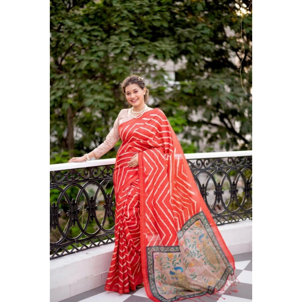 Women's Faux_Tussar_Silk Geometric_Print Saree With Unstitched Blouse 5.5Mtr (Red)