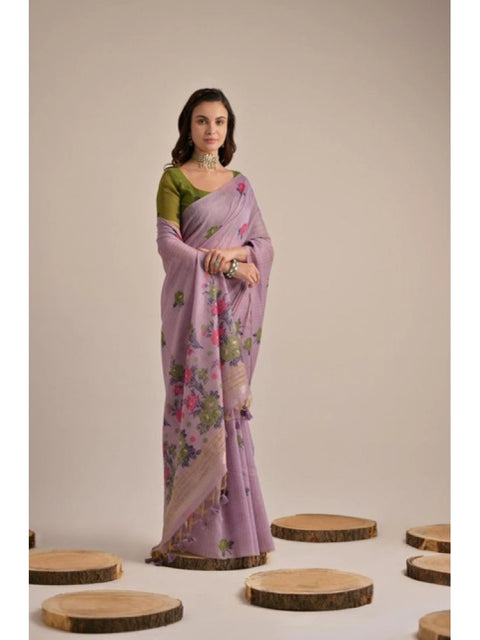 Generic Women's Blended_Cotton Floral Motifs And Woven Buttas Saree With Unstitched Blouse 5.5Mtr (Lavender)