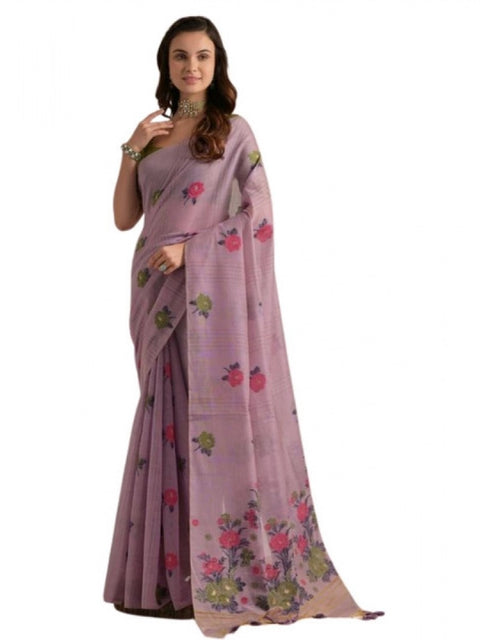 Generic Women's Blended_Cotton Floral Motifs And Woven Buttas Saree With Unstitched Blouse 5.5Mtr (Lavender)