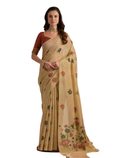 Generic Women's Blended_Cotton Floral Motifs And Woven Buttas Saree With Unstitched Blouse 5.5Mtr (Light_Beige)