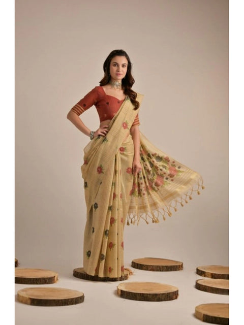 Generic Women's Blended_Cotton Floral Motifs And Woven Buttas Saree With Unstitched Blouse 5.5Mtr (Light_Beige)