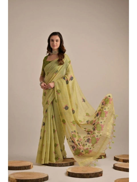 Generic Women's Blended_Cotton Floral Motifs And Woven Buttas Saree With Unstitched Blouse 5.5Mtr (Light_Green)