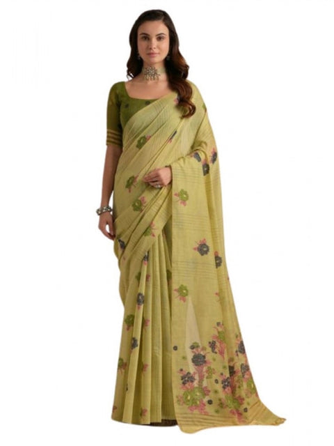 Generic Women's Blended_Cotton Floral Motifs And Woven Buttas Saree With Unstitched Blouse 5.5Mtr (Light_Green)