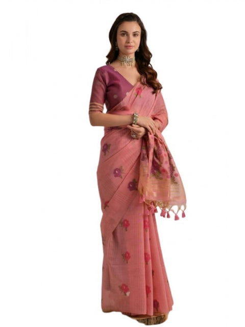 Generic Women's Blended_Cotton Floral Motifs And Woven Buttas Saree With Unstitched Blouse 5.5Mtr (Pink)