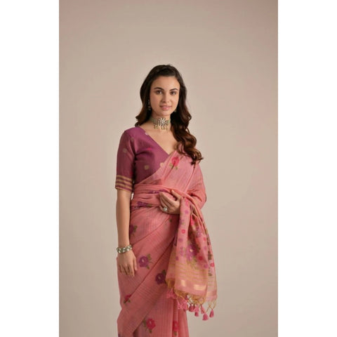 Generic Women's Blended_Cotton Floral Motifs And Woven Buttas Saree With Unstitched Blouse 5.5Mtr (Pink)
