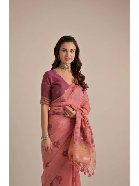 Generic Women's Blended_Cotton Floral Motifs And Woven Buttas Saree With Unstitched Blouse 5.5Mtr (Pink)