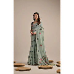 Generic Women's Blended_Cotton Floral Motifs And Woven Buttas Saree With Unstitched Blouse 5.5Mtr (Teal)