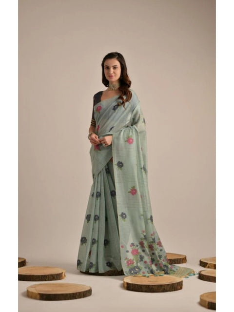 Generic Women's Blended_Cotton Floral Motifs And Woven Buttas Saree With Unstitched Blouse 5.5Mtr (Teal)