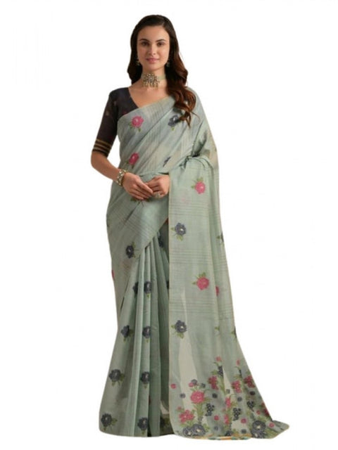 Generic Women's Blended_Cotton Floral Motifs And Woven Buttas Saree With Unstitched Blouse 5.5Mtr (Teal)