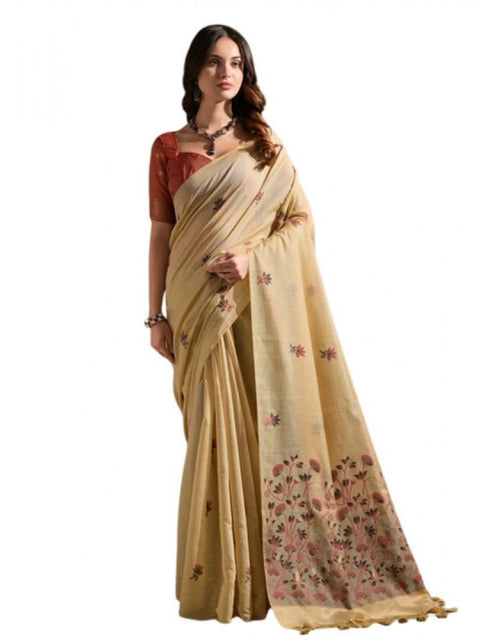 Generic Women's Blended_Cotton Floral Saree With Unstitched Blouse 5.5Mtr (Beige)