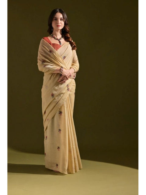 Generic Women's Blended_Cotton Floral Saree With Unstitched Blouse 5.5Mtr (Beige)