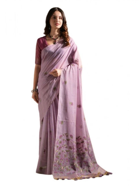 Generic Women's Blended_Cotton Floral Saree With Unstitched Blouse 5.5Mtr (Lavender)