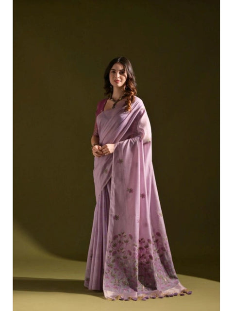 Generic Women's Blended_Cotton Floral Saree With Unstitched Blouse 5.5Mtr (Lavender)