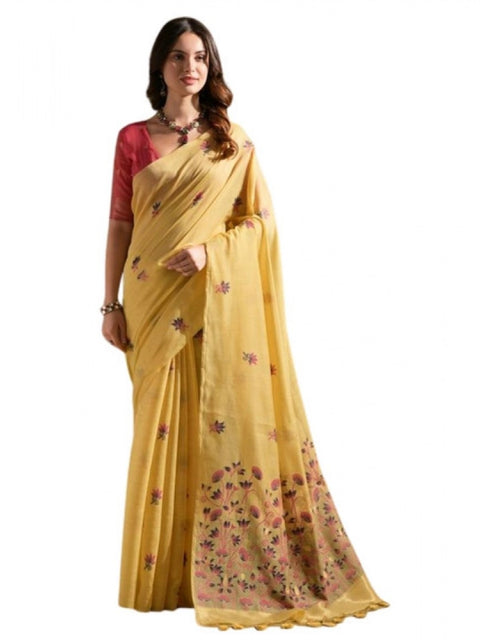 Generic Women's Blended_Cotton Floral Saree With Unstitched Blouse 5.5Mtr (Mustard)