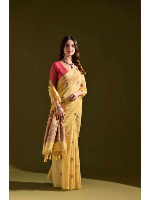 Generic Women's Blended_Cotton Floral Saree With Unstitched Blouse 5.5Mtr (Mustard)