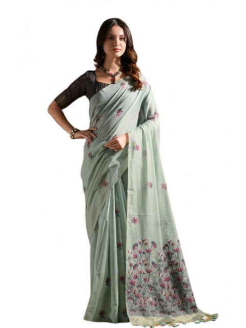 Generic Women's Blended_Cotton Floral Saree With Unstitched Blouse 5.5Mtr (Aqua_Blue)