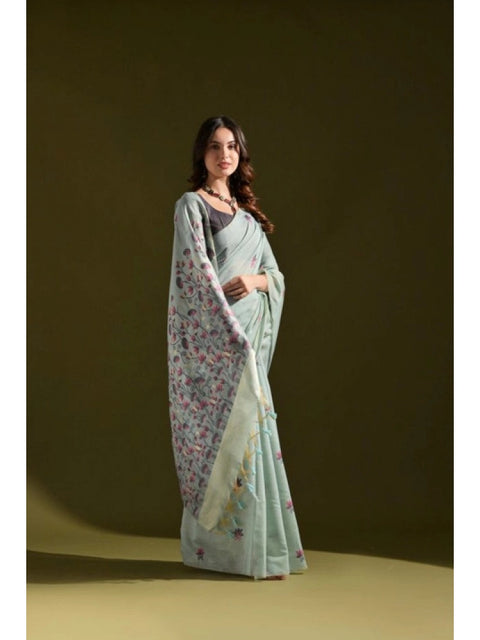 Generic Women's Blended_Cotton Floral Saree With Unstitched Blouse 5.5Mtr (Aqua_Blue)