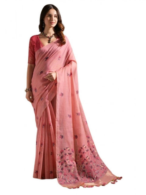 Generic Women's Blended_Cotton Floral Saree With Unstitched Blouse 5.5Mtr (Pink)