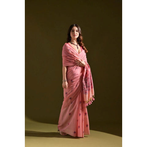 Generic Women's Blended_Cotton Floral Saree With Unstitched Blouse 5.5Mtr (Pink)