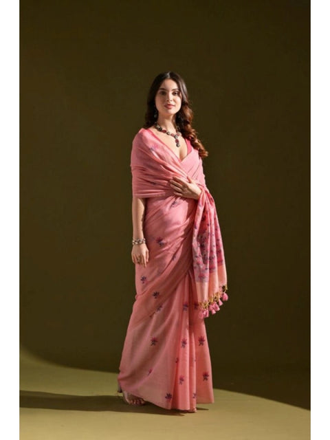Generic Women's Blended_Cotton Floral Saree With Unstitched Blouse 5.5Mtr (Pink)