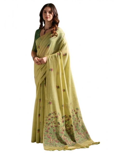 Generic Women's Blended_Cotton Floral Saree With Unstitched Blouse 5.5Mtr (Light_Green)