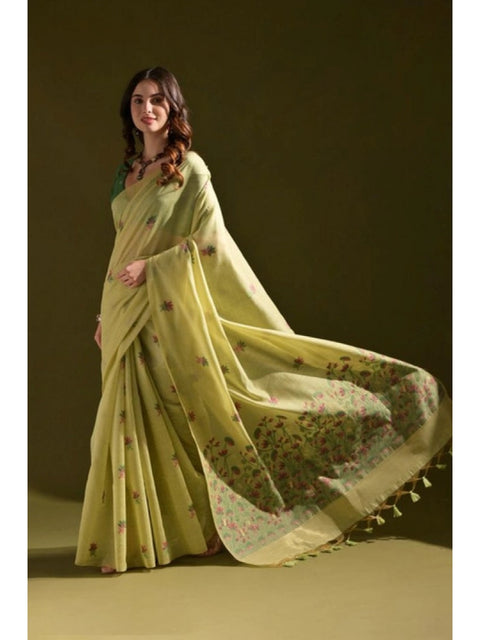 Generic Women's Blended_Cotton Floral Saree With Unstitched Blouse 5.5Mtr (Light_Green)