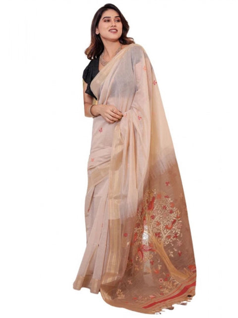 Generic Women's Blended_Cotton Woven_Motifs Saree With Unstitched Blouse 5.5Mtr (Light_Beige)