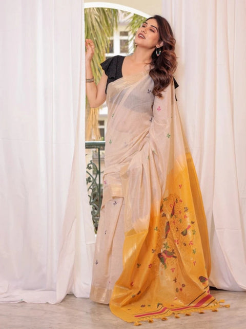 Generic Women's Blended_Cotton Woven_Motifs Saree With Unstitched Blouse 5.5Mtr (Yellow)