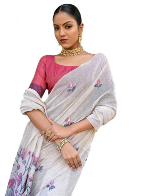 Generic Women's Blended_Cotton Floral Weaving Pattern Saree With Unstitched Blouse 5.5Mtr (Blue)